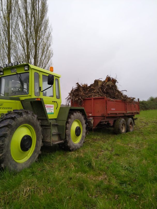Rodungsarbeiten Grüne landwirtschaftliche Maschine zieht einen roten Anhänger mit Pflanzenmaterial.